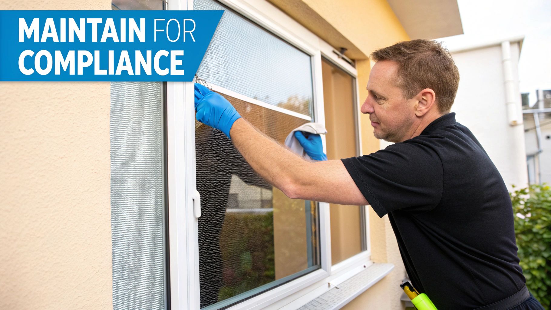 A man in blue gloves cleans a fly screen on a window, emphasizing compliance.