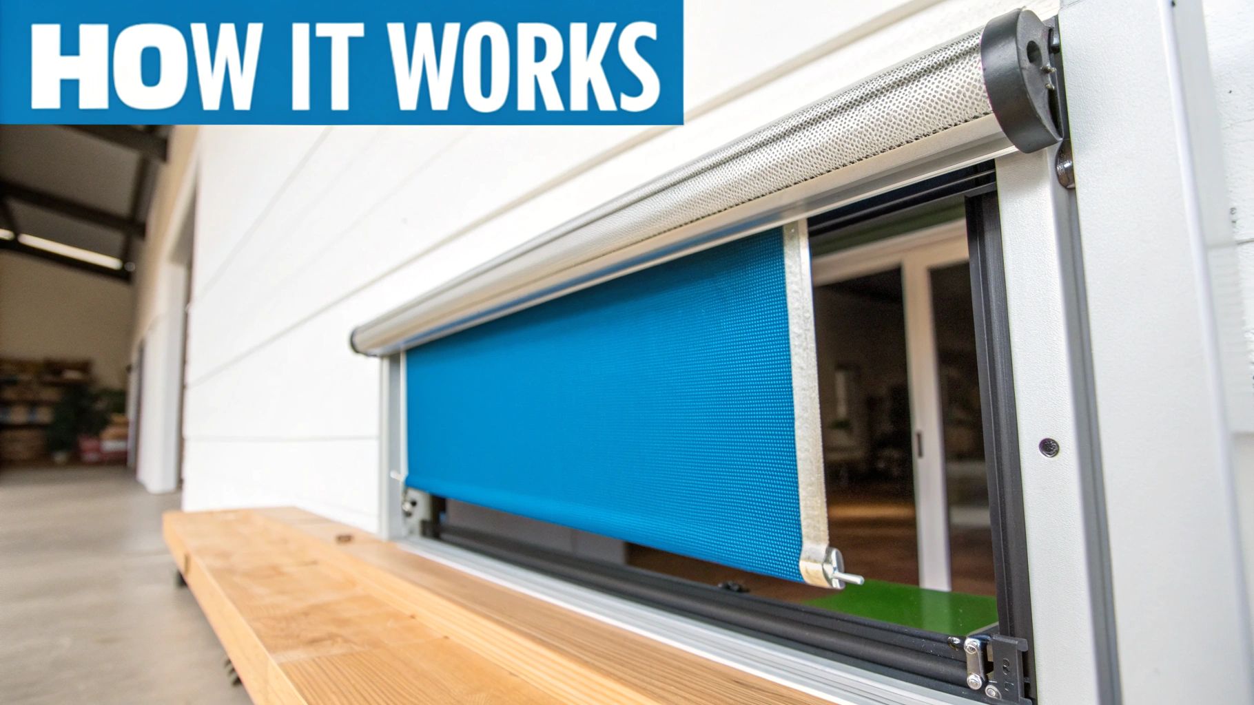 Fly Screens A blue roller fly screen partially lowered over an opening with 'HOW IT WORKS' text.