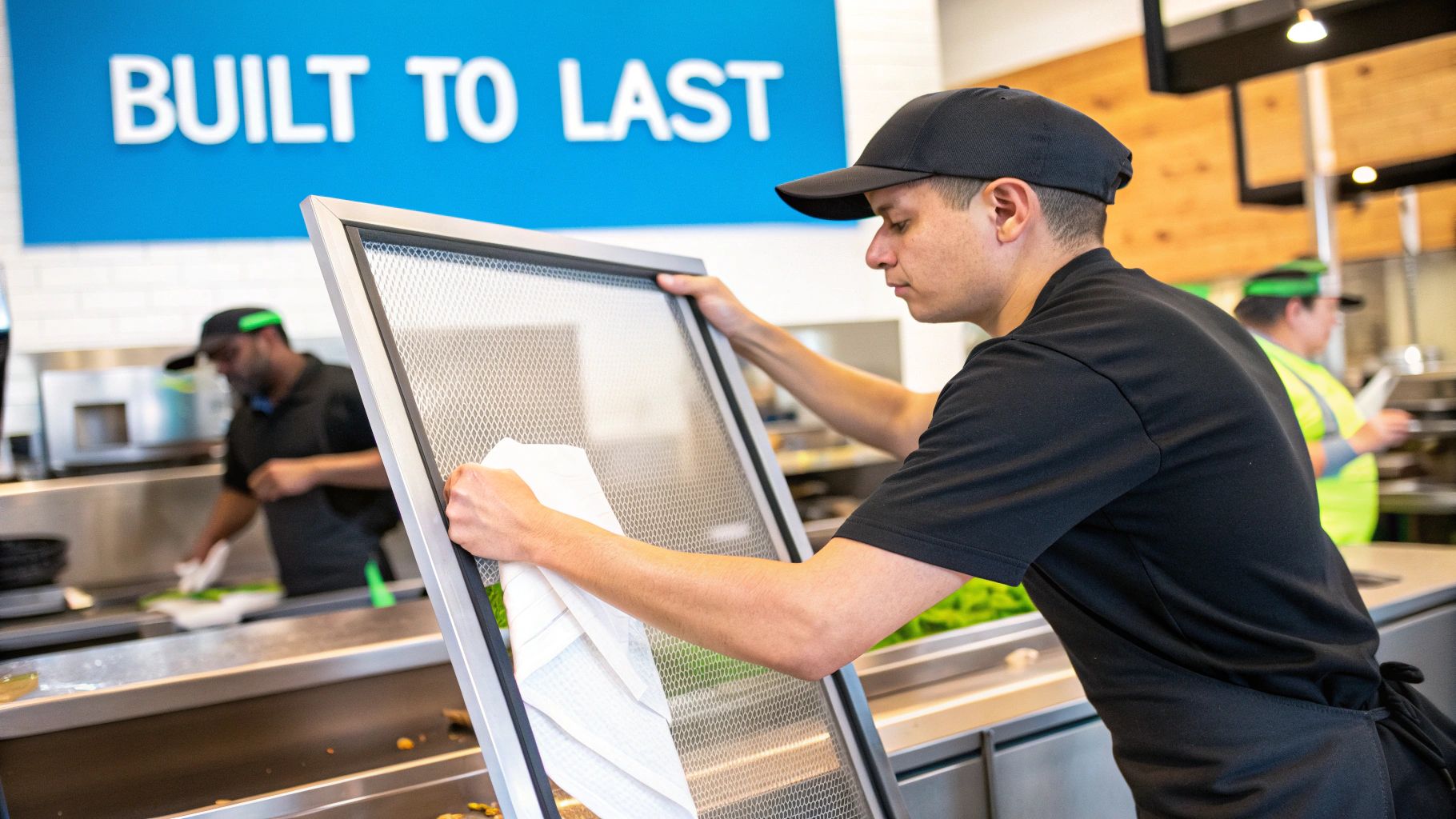 A restaurant worker meticulously cleans a metal mesh fly screen in a busy kitchen.