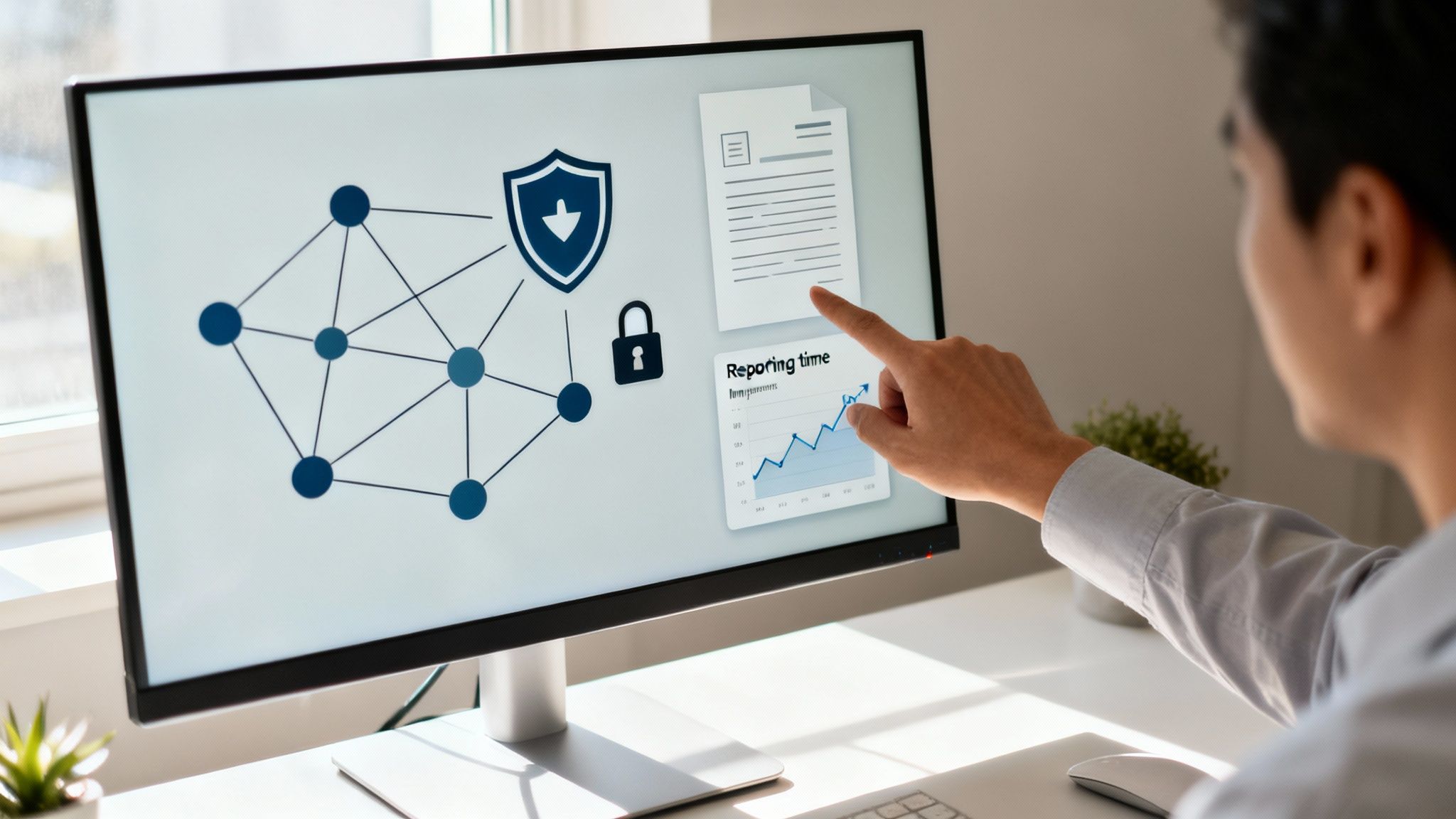 A person pointing at a computer screen showing network security, data, and reporting graphics.