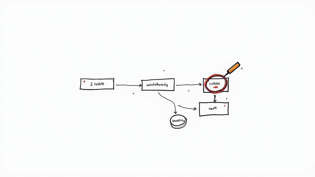 A hand-drawn flowchart diagram illustrating a multi-step process with interconnected rectangular and circular nodes, one highlighted by a magnifying glass.