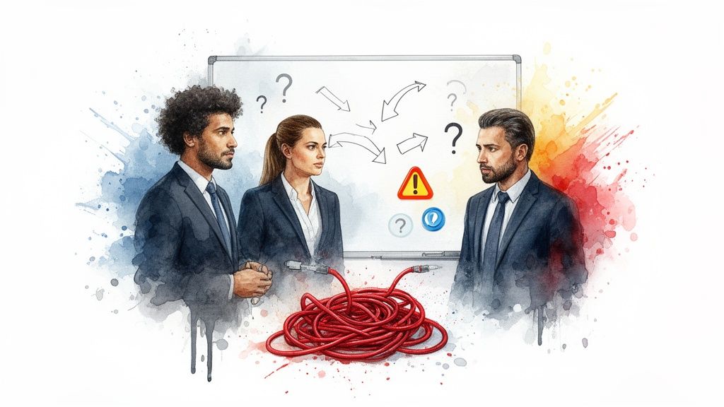 Three business professionals ponder challenges shown on a whiteboard, with a tangled red cable below.