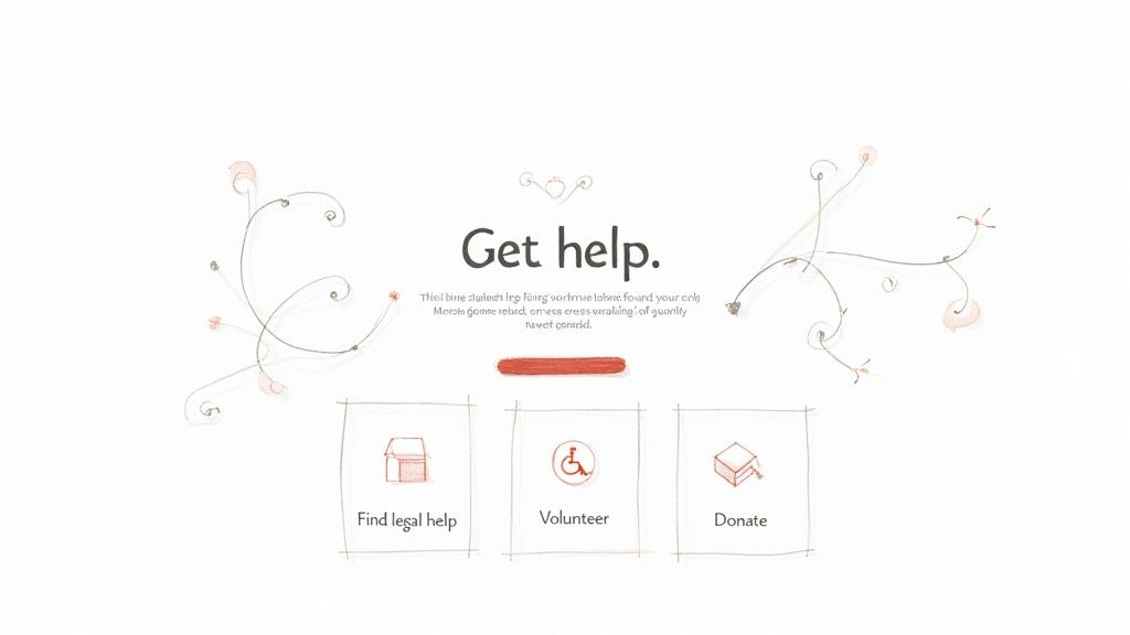 Hand-drawn design for a nonprofit website. 'Get help' title with options: 'Find legal help', 'Volunteer', and 'Donate'.