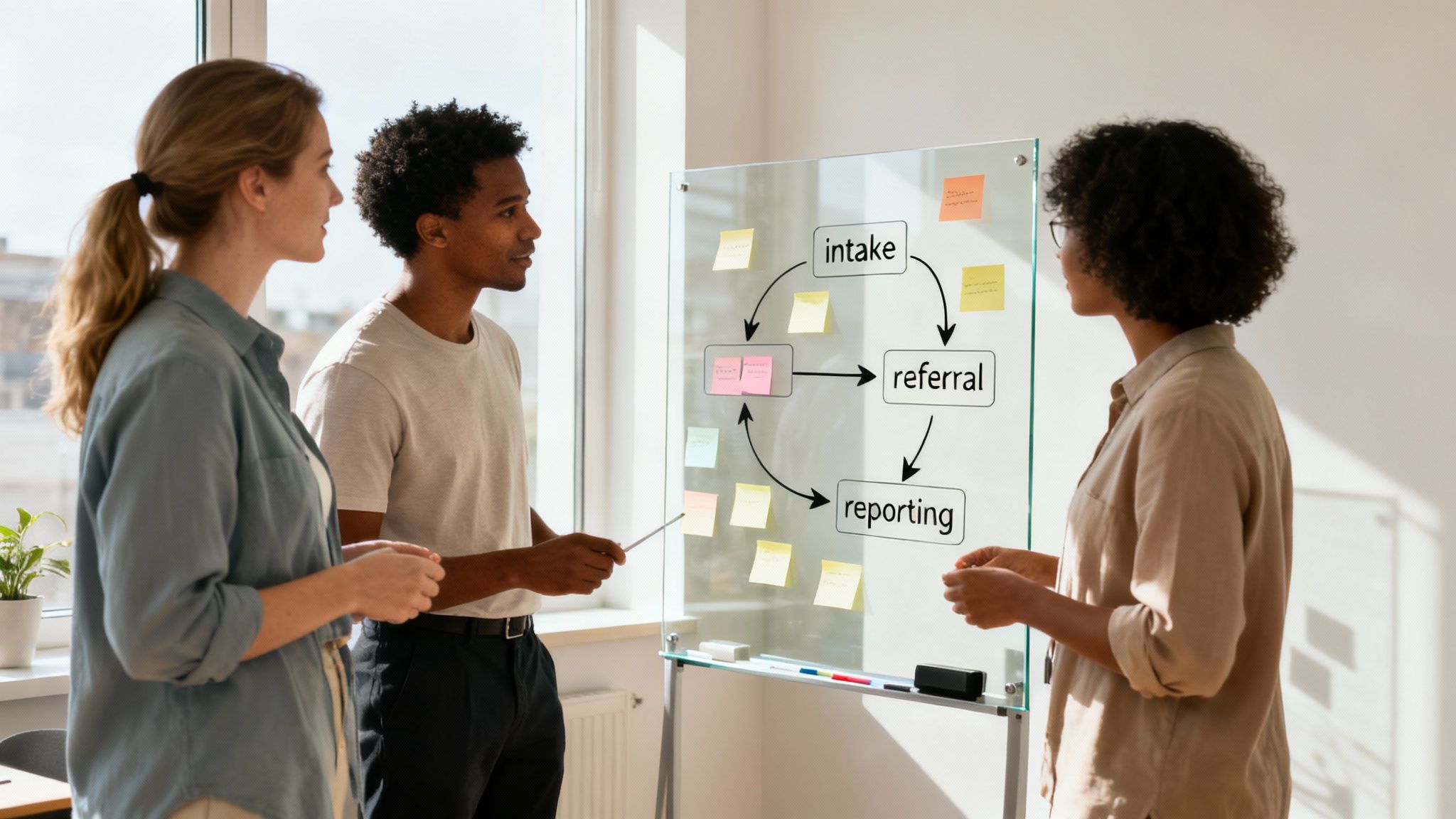 Diverse team discusses a workflow diagram on a whiteboard with sticky notes in a bright office.