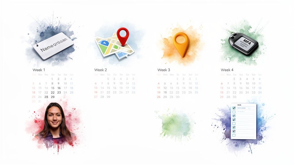 A visual roadmap of a four-week security implementation plan with calendars, icons, and a checklist.