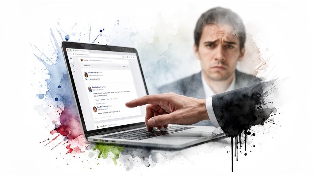 Confused man watches a hand interact with a laptop displaying a communication interface, with watercolor splashes.