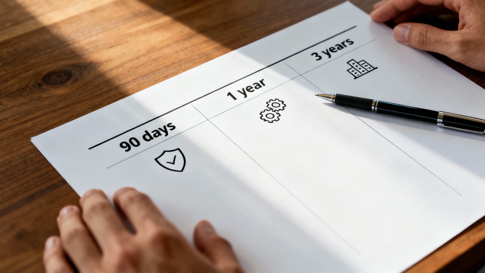 Hands hold a strategic plan document with timeline categories: 90 days, 1 year, 3 years, and icons.