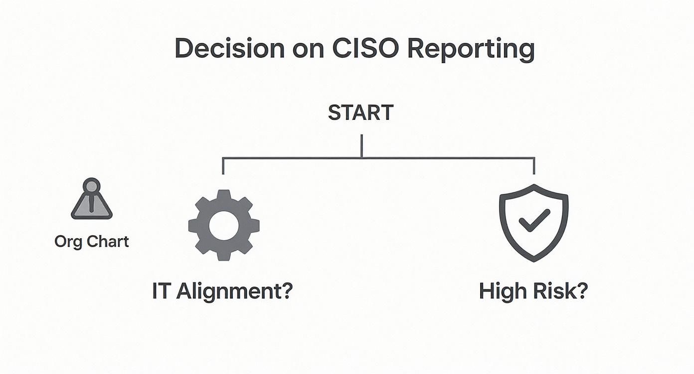 A flowchart detailing CISO reporting decisions based on IT alignment, high risk, and organizational chart.