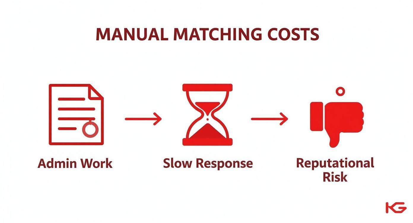 Flowchart illustrating manual matching costs, showing admin work, slow response, and reputational risk.