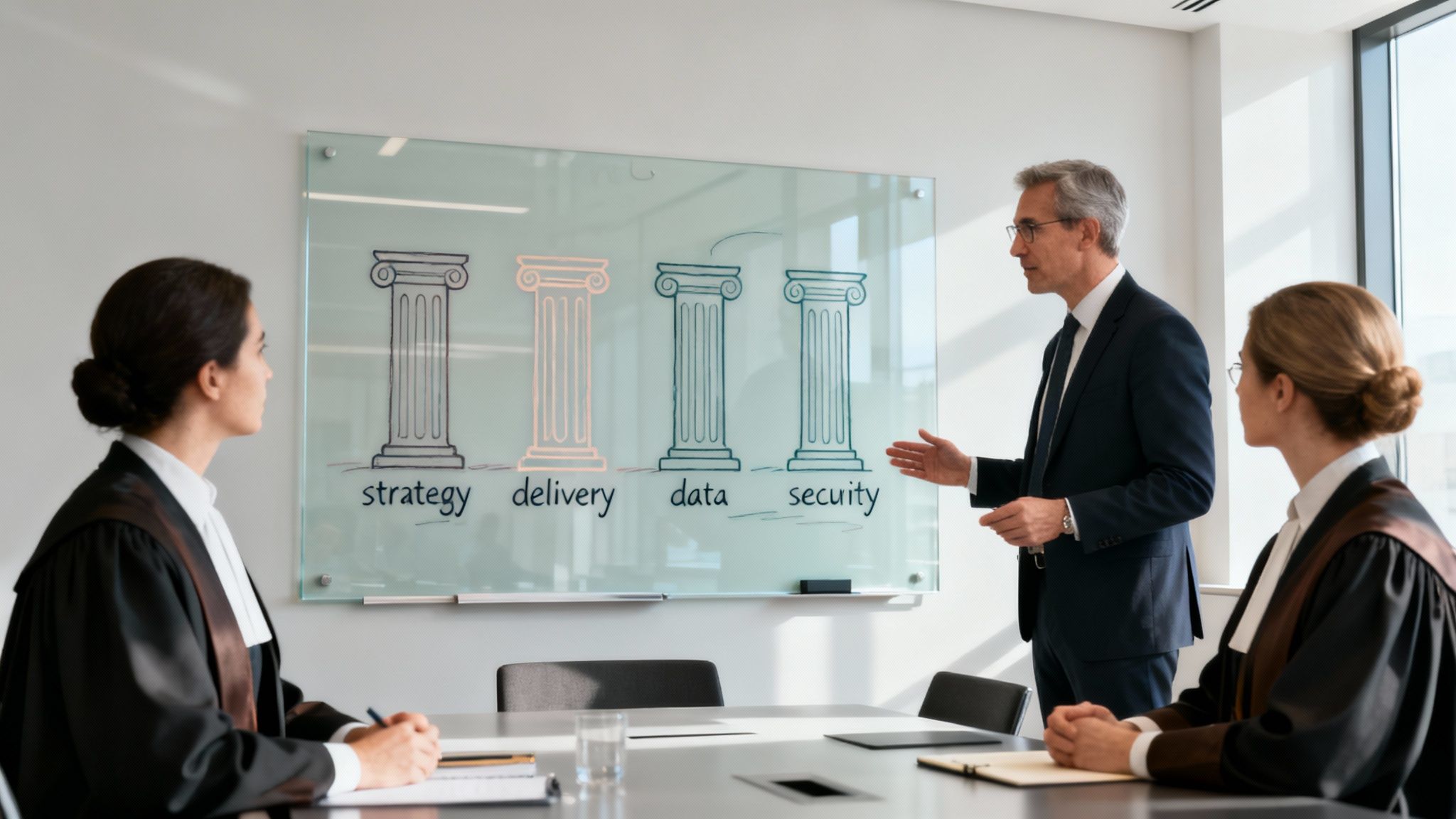 A male consultant presents strategy pillars to two female legal professionals in a modern meeting room.