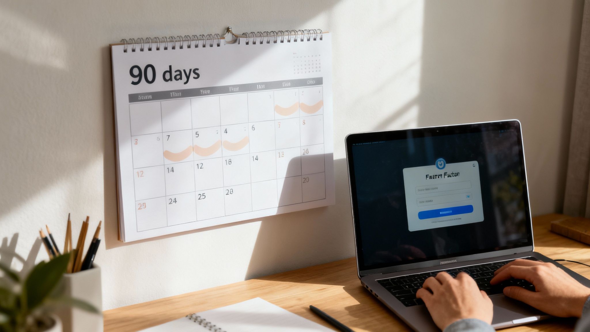 A person types on a laptop displaying a login screen, with a '90 days' calendar nearby in an office setting.