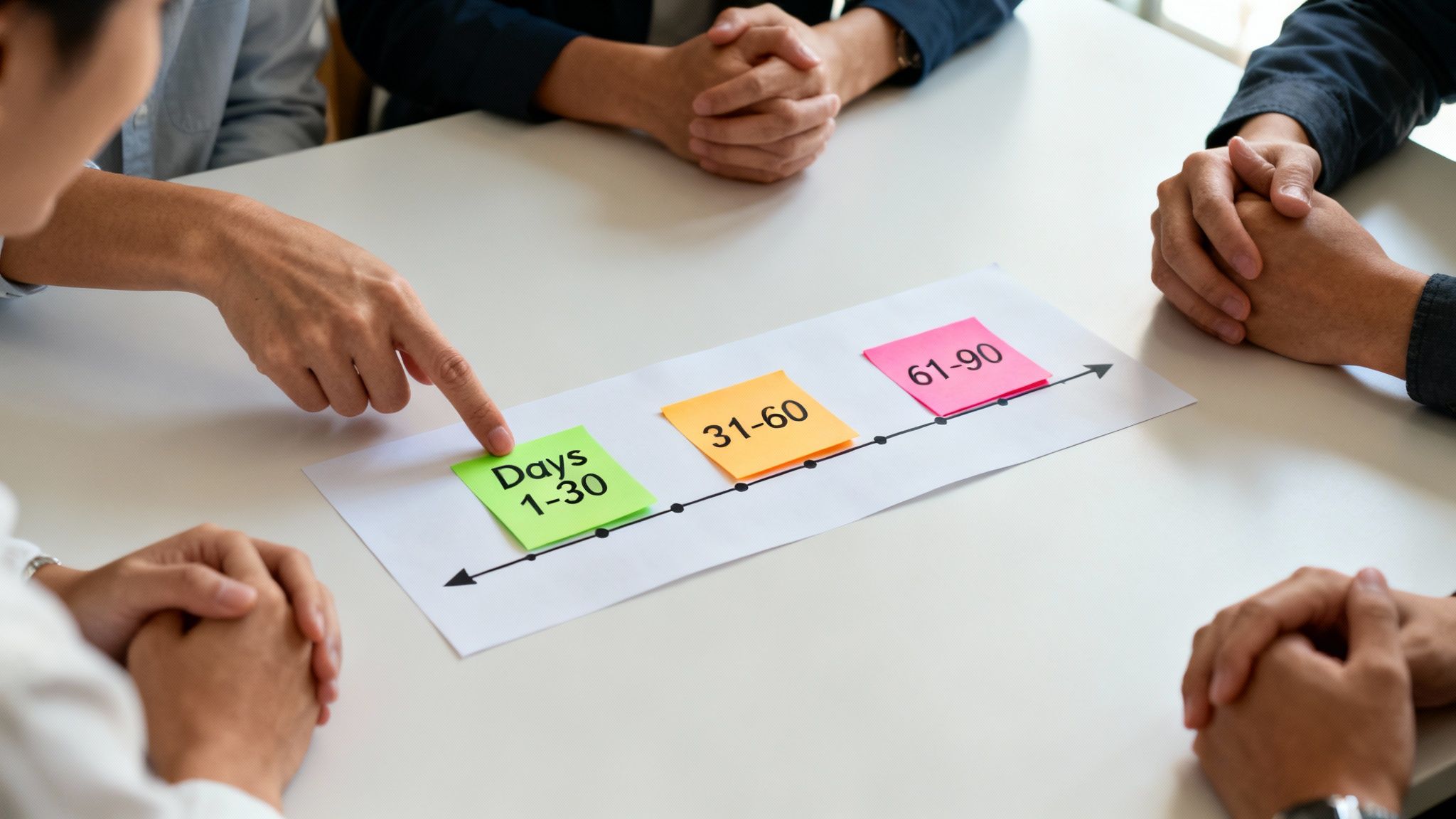 Professionals discussing a project timeline with sticky notes showing 1-30, 31-60, and 61-90 days.