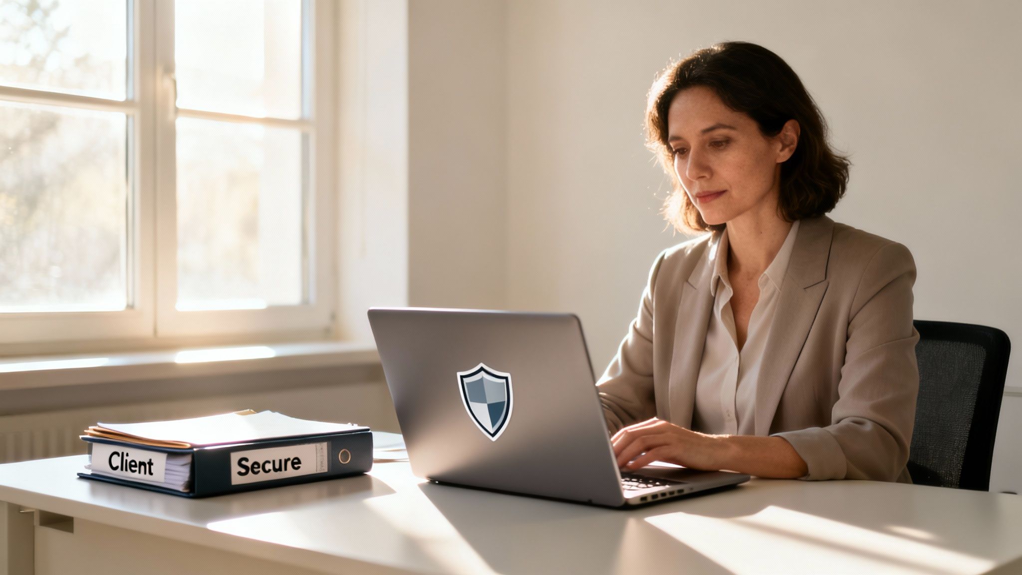 A businesswoman works on a laptop with a shield sticker next to a "Client Secure" binder that is thinking about data security strategy for court self help organizations.