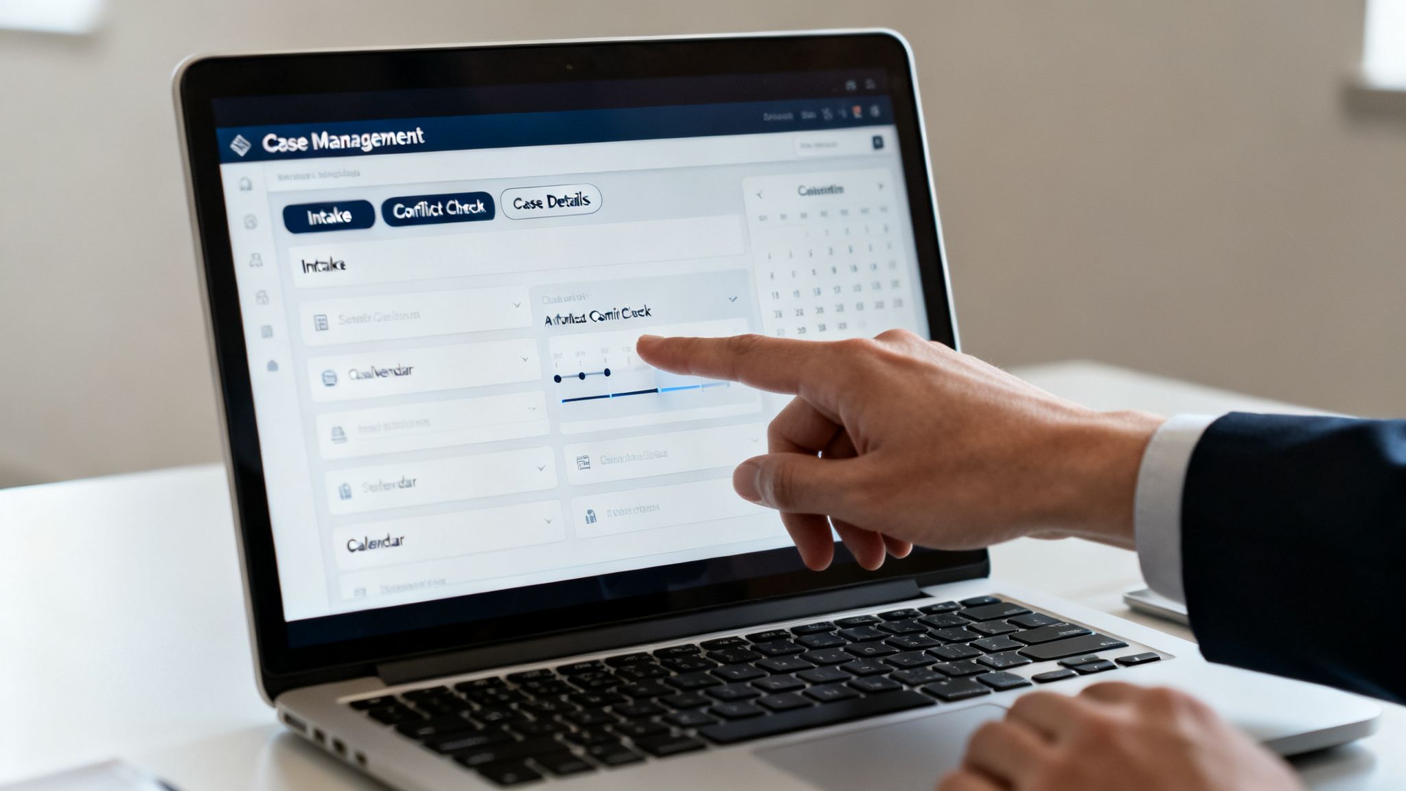 A person's hand interacting with a laptop displaying a legal case management software interface.