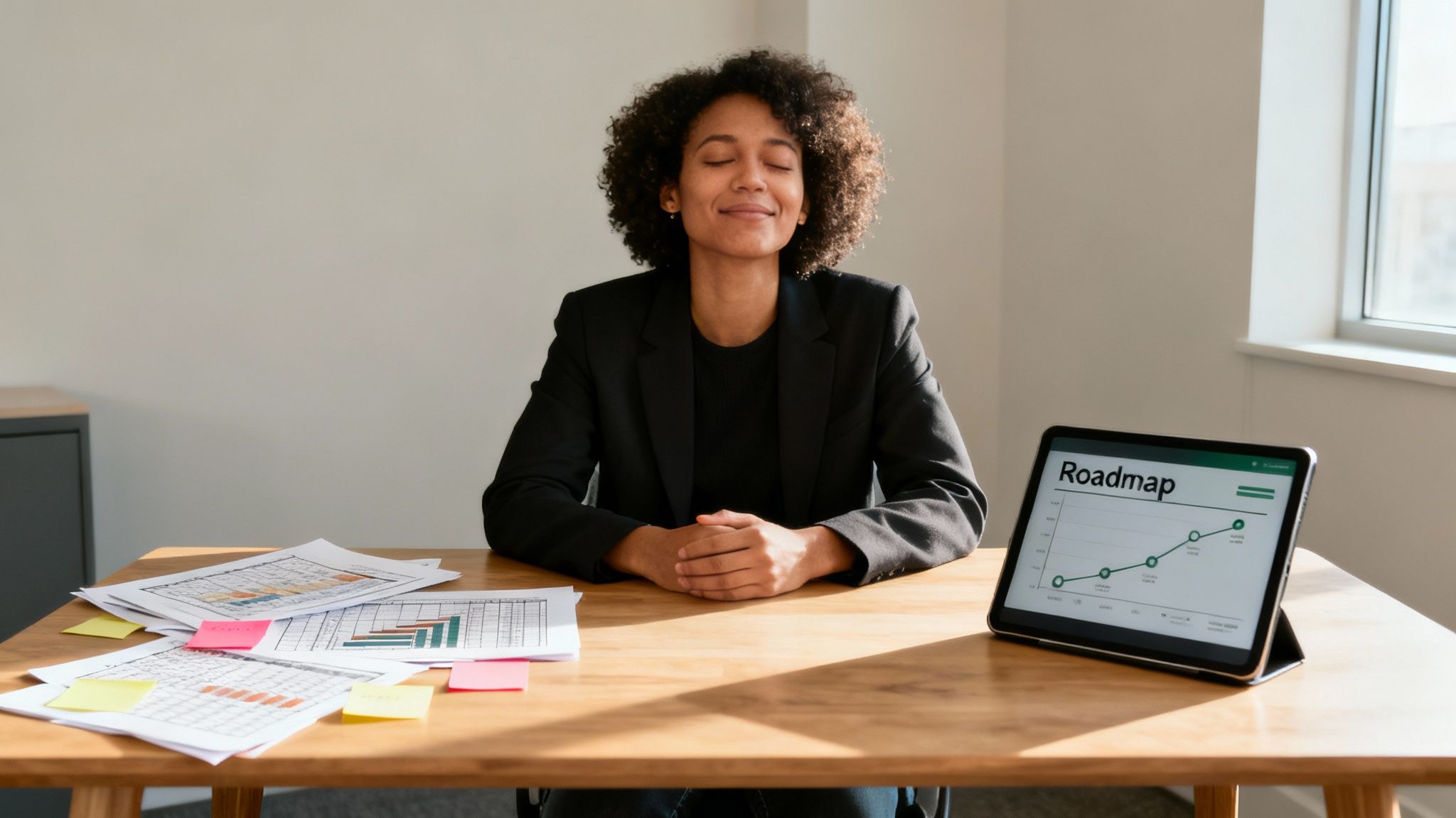 A relaxed woman sits at a desk with charts and a tablet displaying a business roadmap after performing technical due diligence.