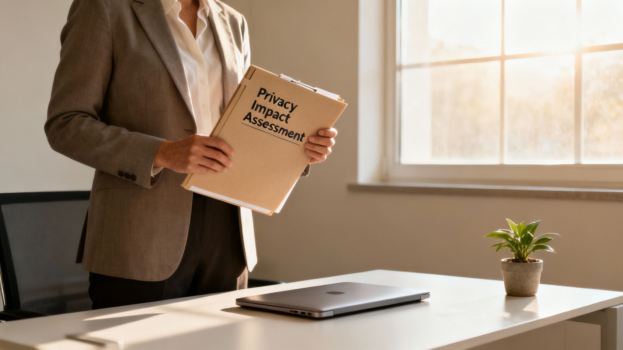 A person in a business suit holds a 'Privacy Impact Assessment' folder in a sunlit office.