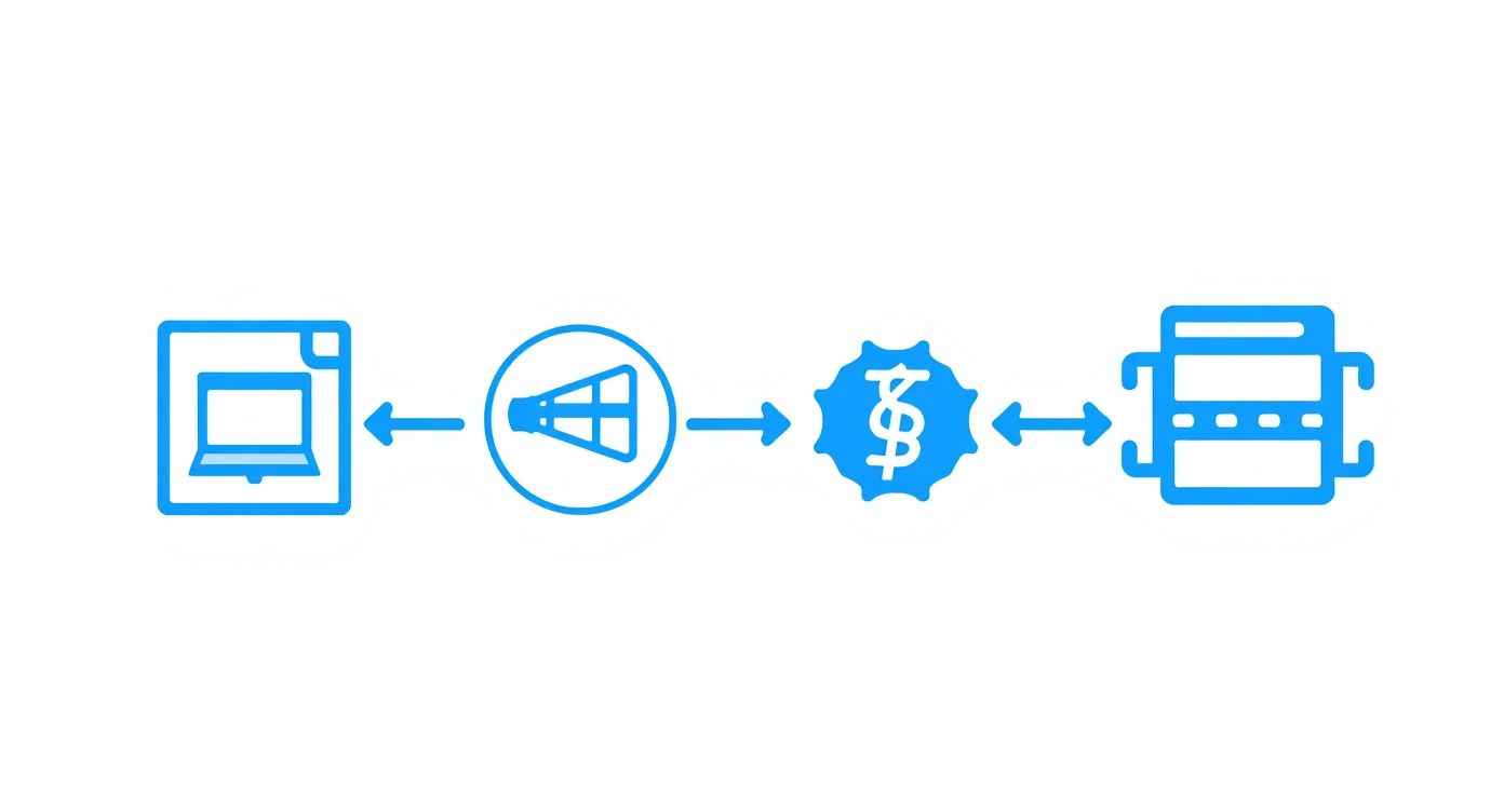 A blue diagram showing a process flow from broadcast to financial processing, server interaction, and display.