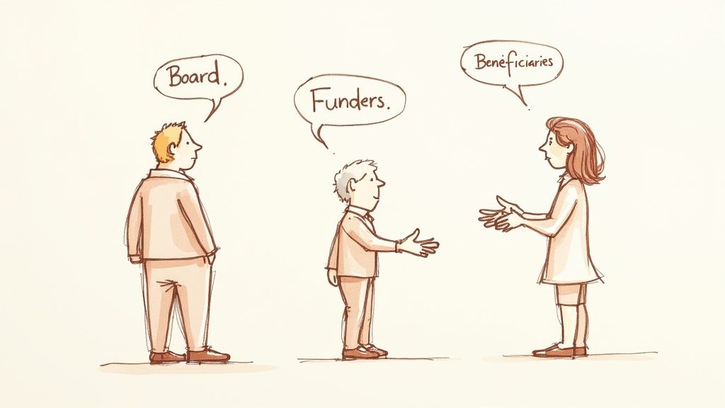 Illustration of three cartoon figures representing 'Board', 'Funders', and 'Beneficiaries' with speech bubbles.