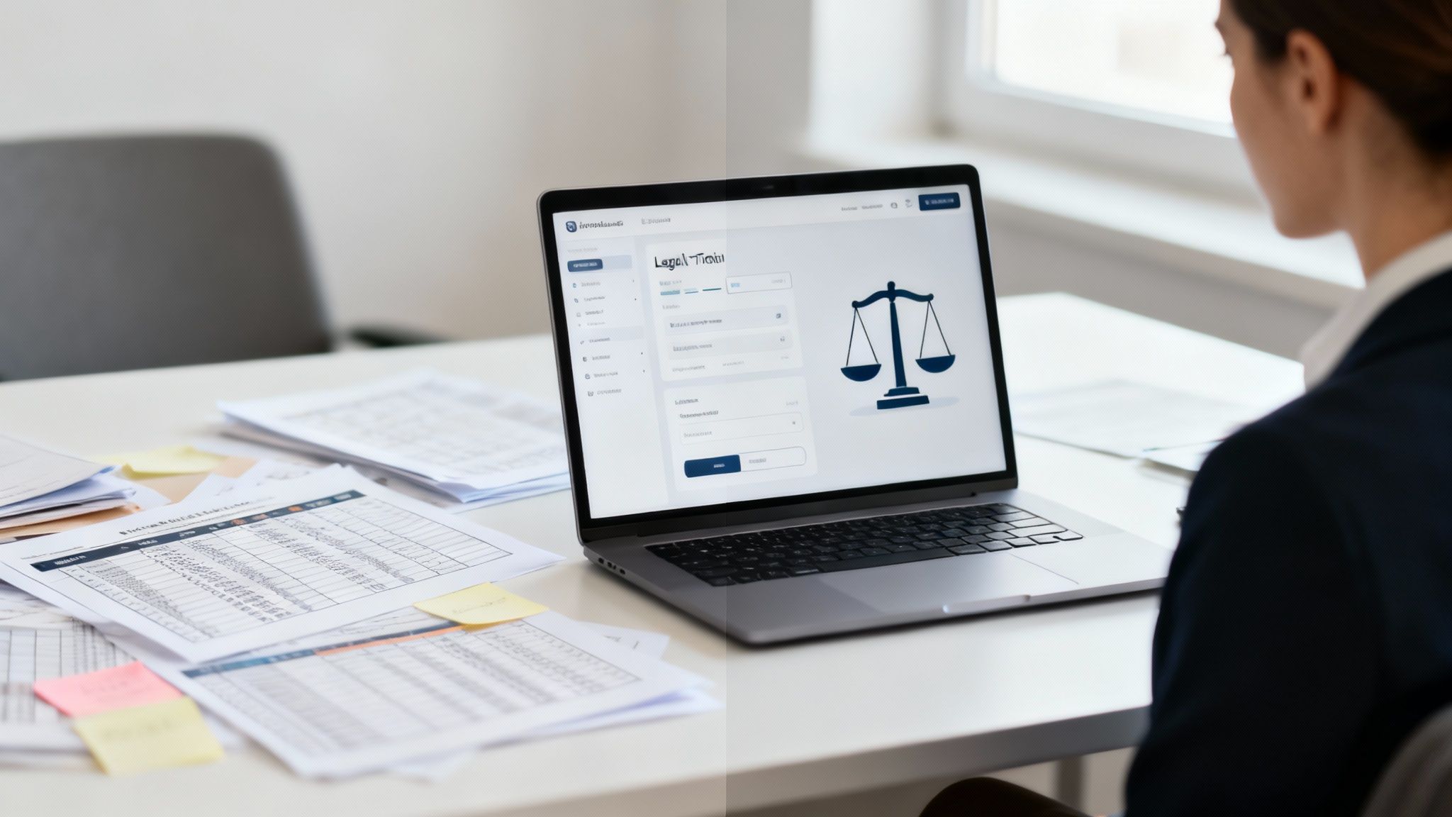 A person works on a laptop displaying legal tech software, with documents and sticky notes on a white desk.