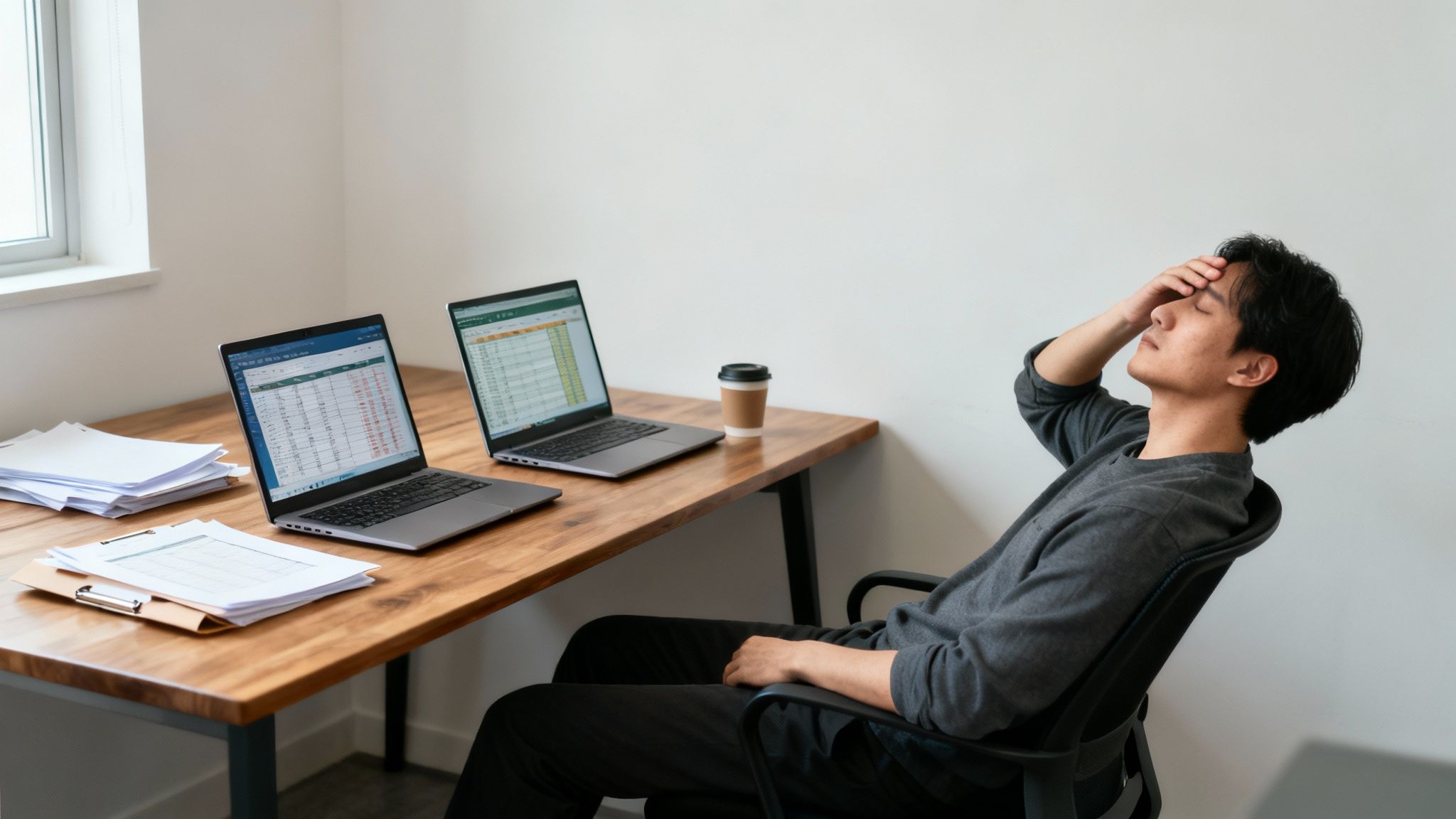 Tired man in an office, overwhelmed by work, with laptops and papers on his desk.