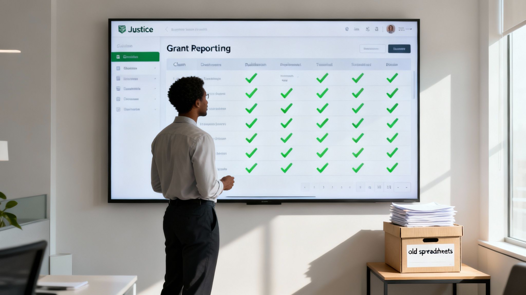 A man presents modern grant reporting software on a large screen, contrasting with a box of old spreadsheets.
