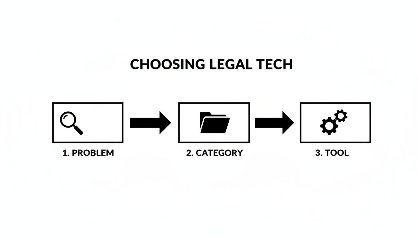 Flowchart illustrating the three-step process for choosing legal tech: problem, category, and tool.