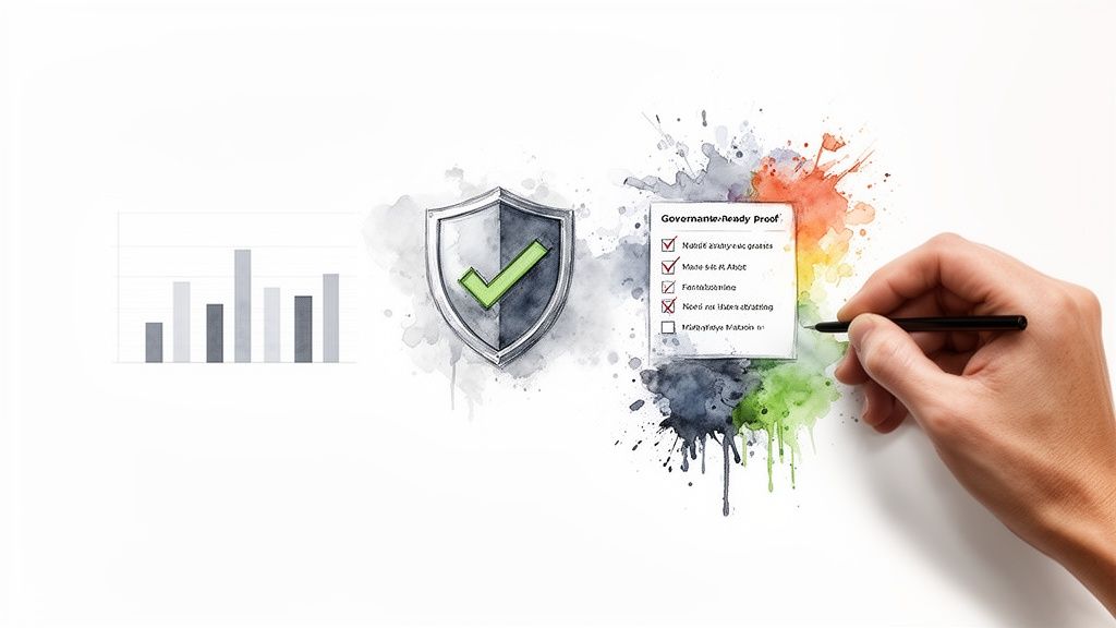 A bar chart, a security shield with a checkmark, and a hand completing a governance checklist.