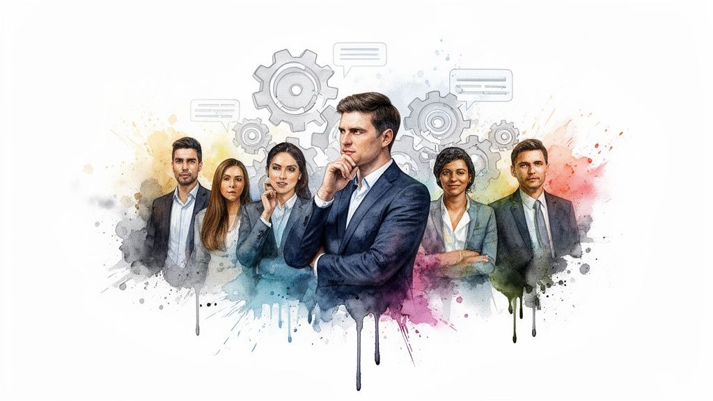 Watercolor illustration of diverse business professionals with gears and thought bubbles, symbolizing teamwork and strategy.