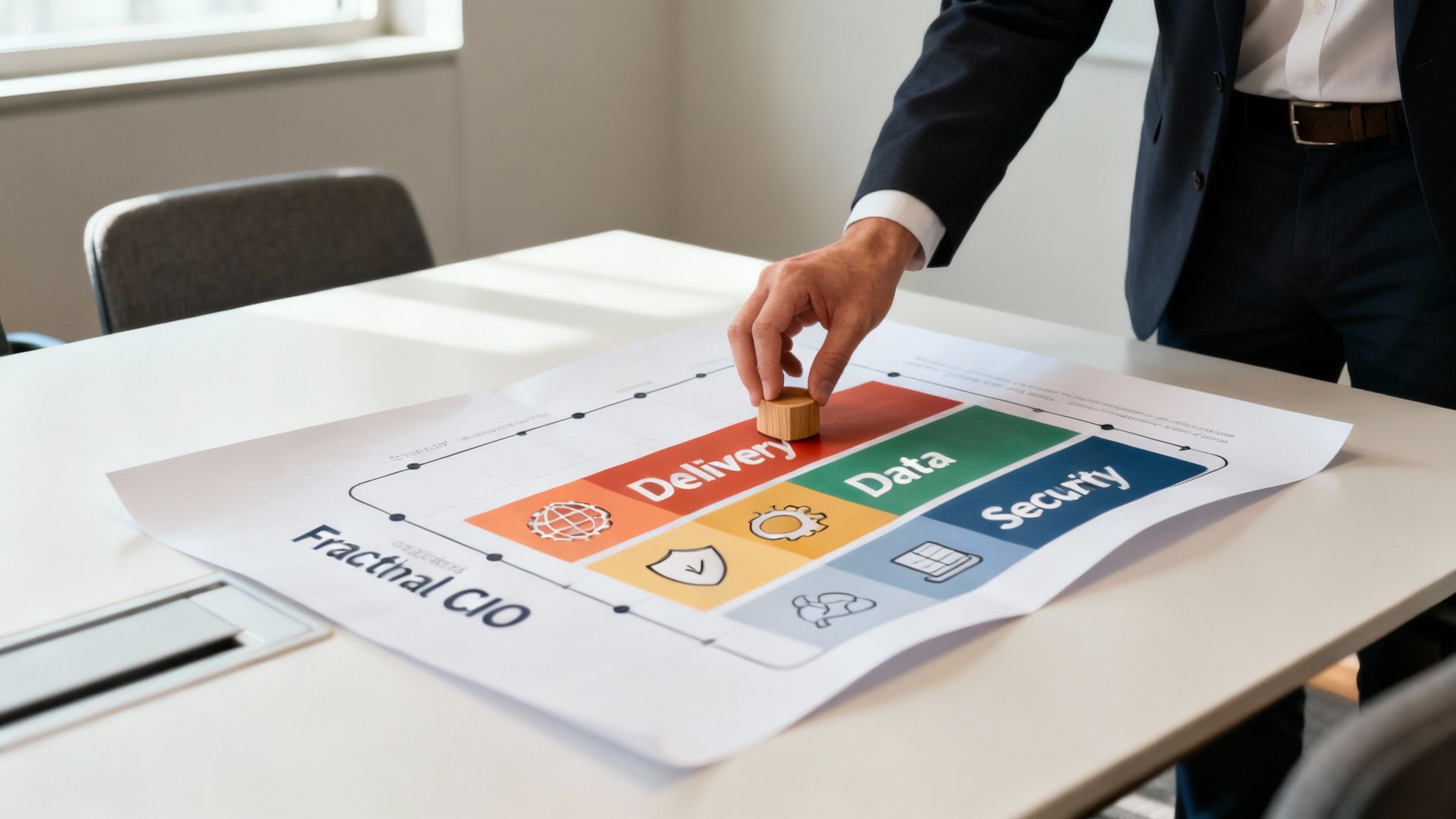 Man's hand placing a wooden block on a "Fracthal CIO" diagram with Delivery, Data, and Security.
