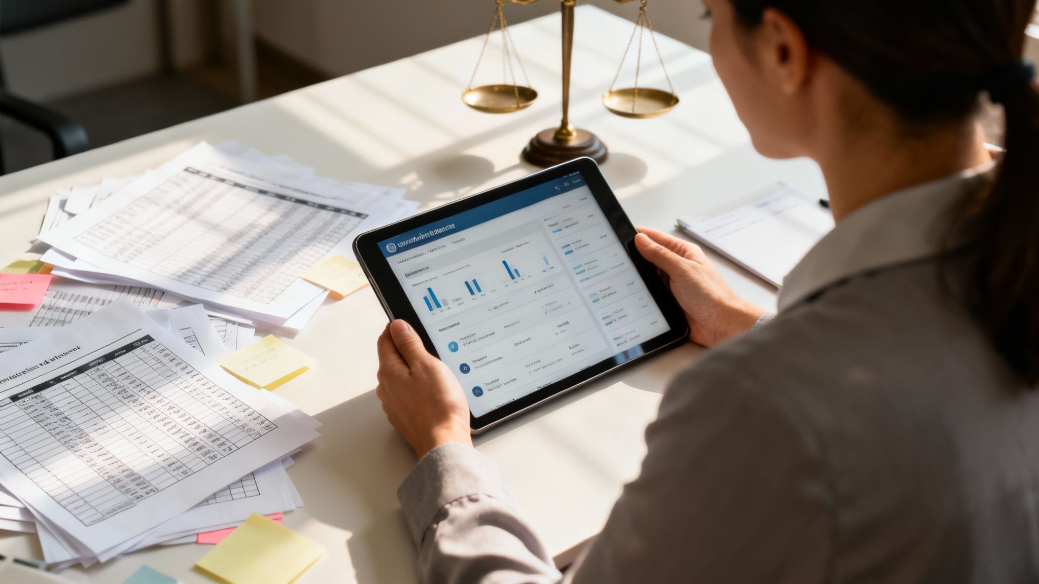 A person reviews financial data on a tablet, surrounded by documents and a scale of justice.