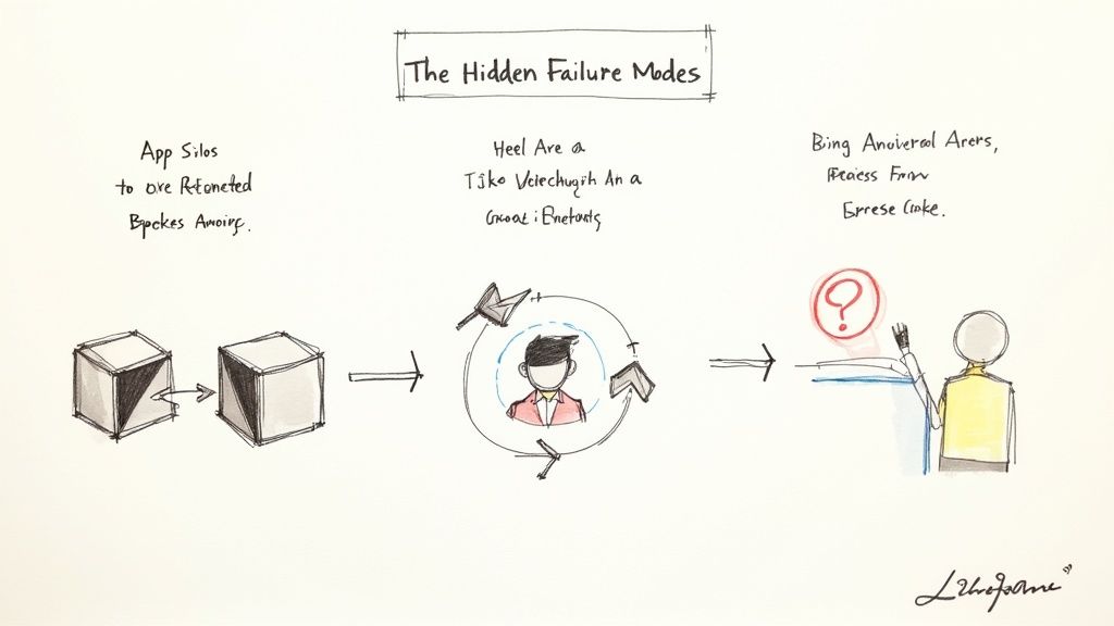 Hand-drawn diagram illustrating 'The Hidden Failure Modes' in a business process, leading to confusion.