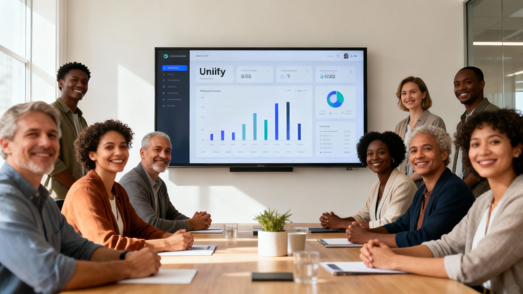 A diverse team of smiling professionals in a modern meeting room with a business dashboard on screen.