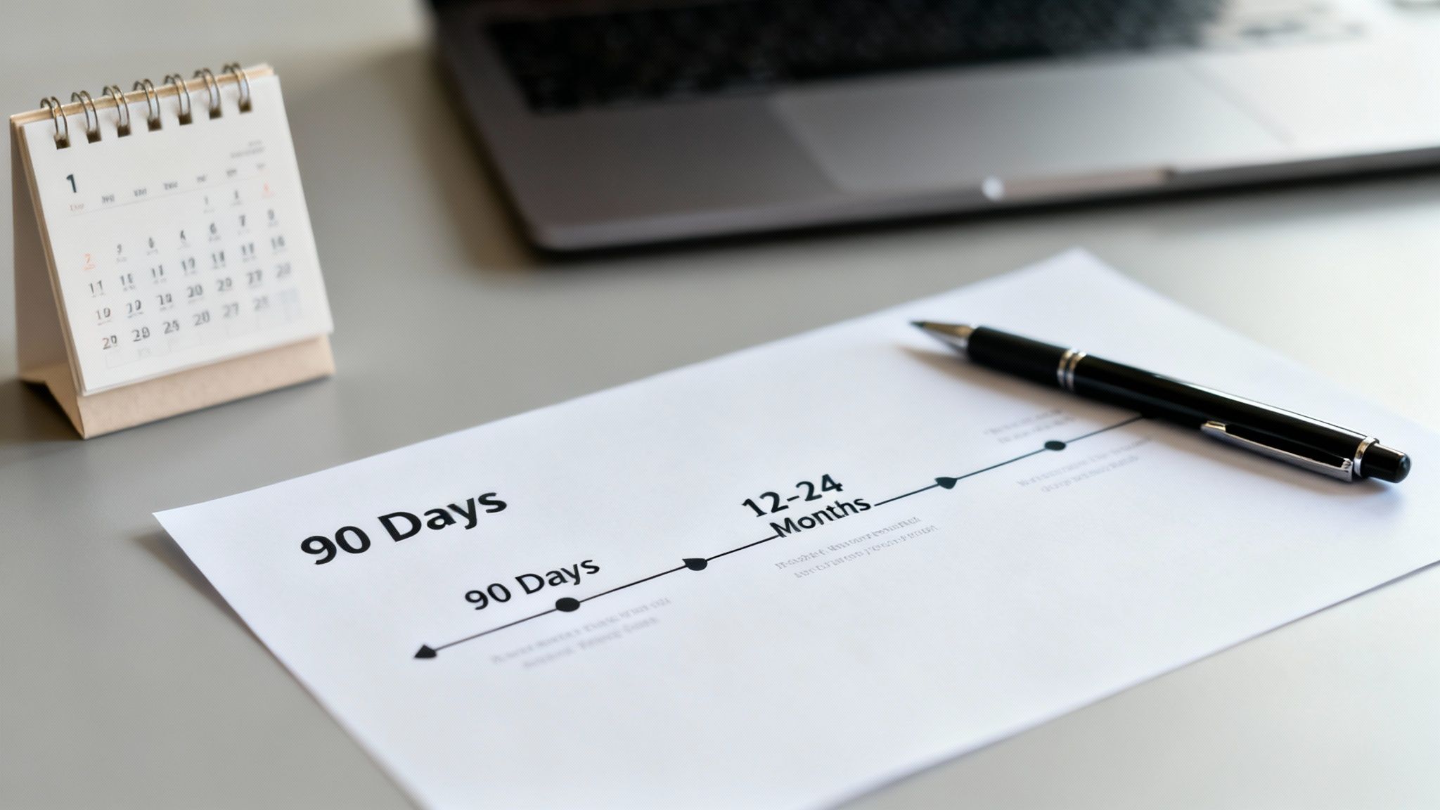 A desk with a calendar showing January, a document with a timeline for 90 days and 12-24 months, and a pen.