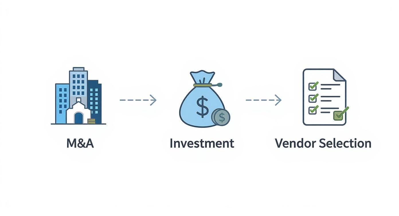 A process diagram illustrating the stages of M&A, investment, and vendor selection.