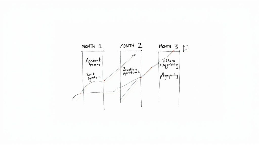 A hand-drawn timeline showing project milestones across three months: team assembly, system build, contract renegotiation, and policy development.