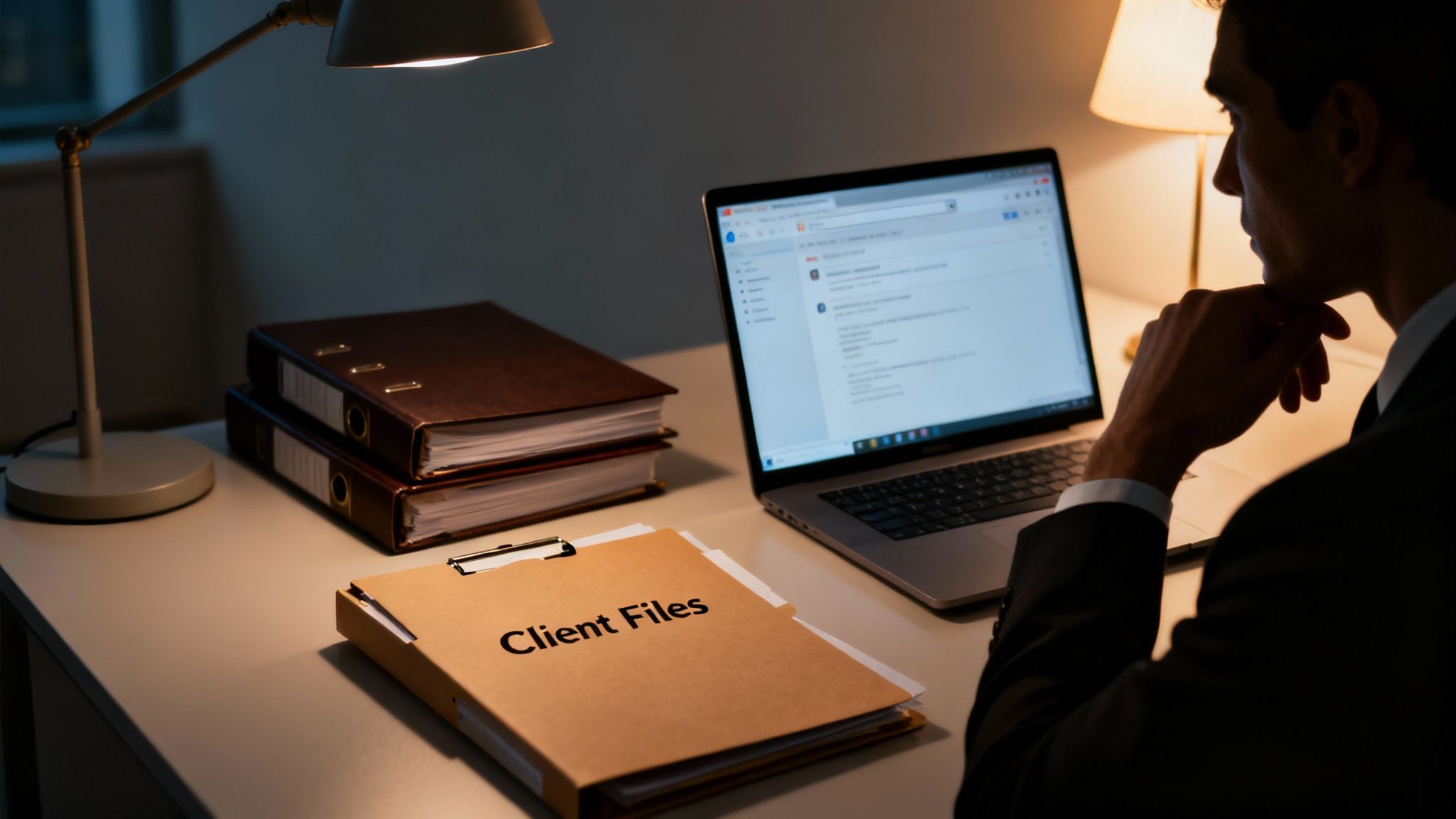 A man in a suit works on a laptop at night, with 'Client Files' and binders on his desk.
