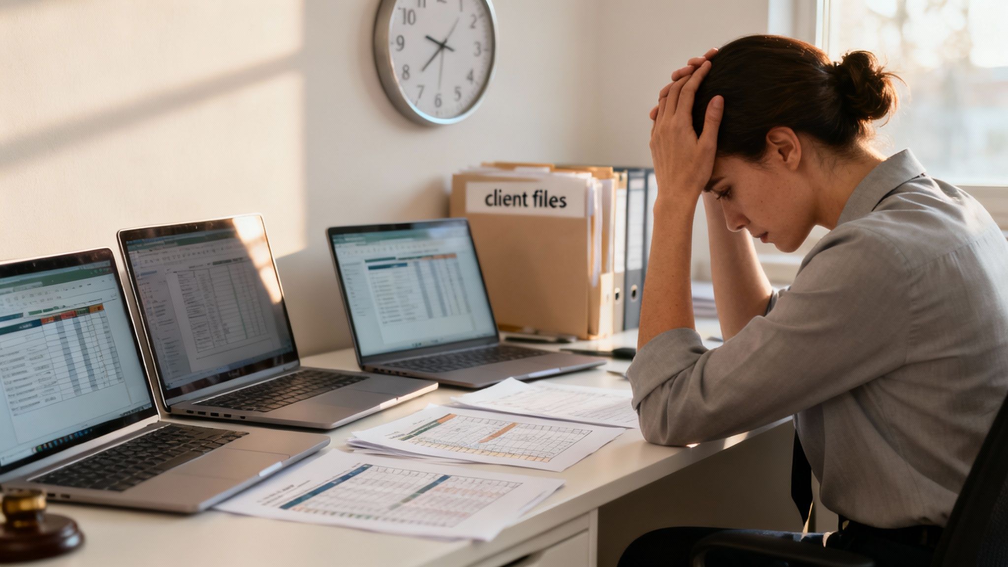 Overwhelmed woman at a desk with multiple laptops showing spreadsheets and client files.