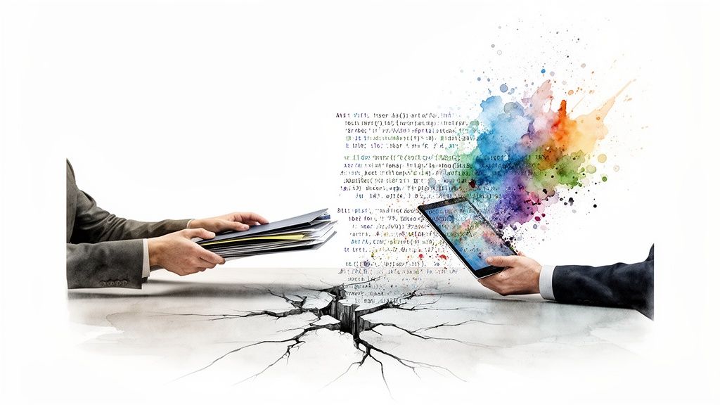 Hands exchanging physical documents and a tablet with digital code, symbolizing traditional vs. digital transformation.