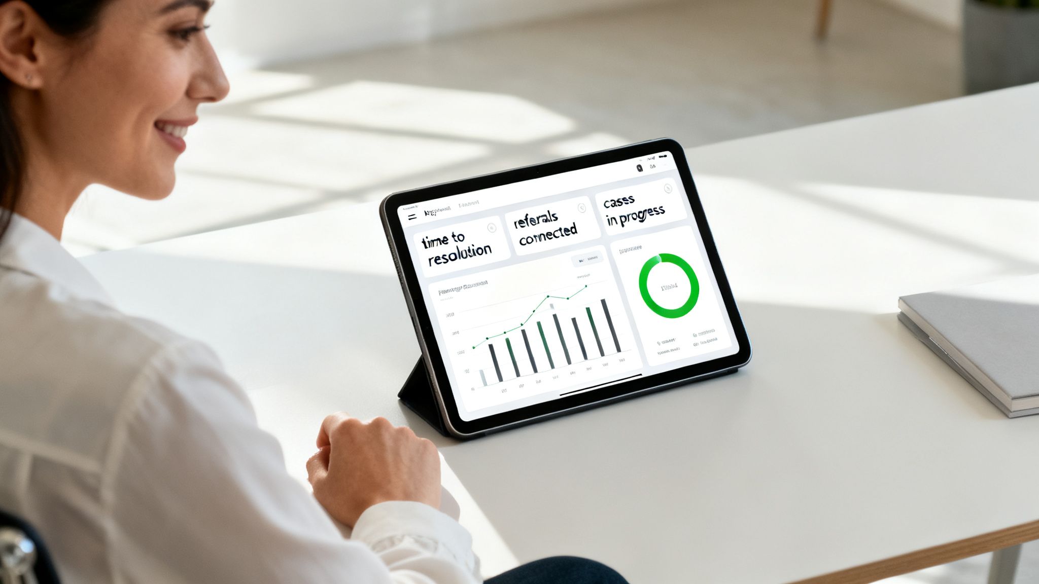 A smiling woman in a white shirt looks at a tablet displaying a business dashboard with charts and data.