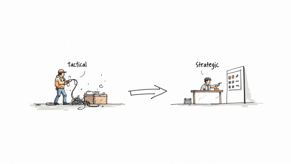 Illustration depicting a person managing messy tactical work transforming into another planning strategic goals.