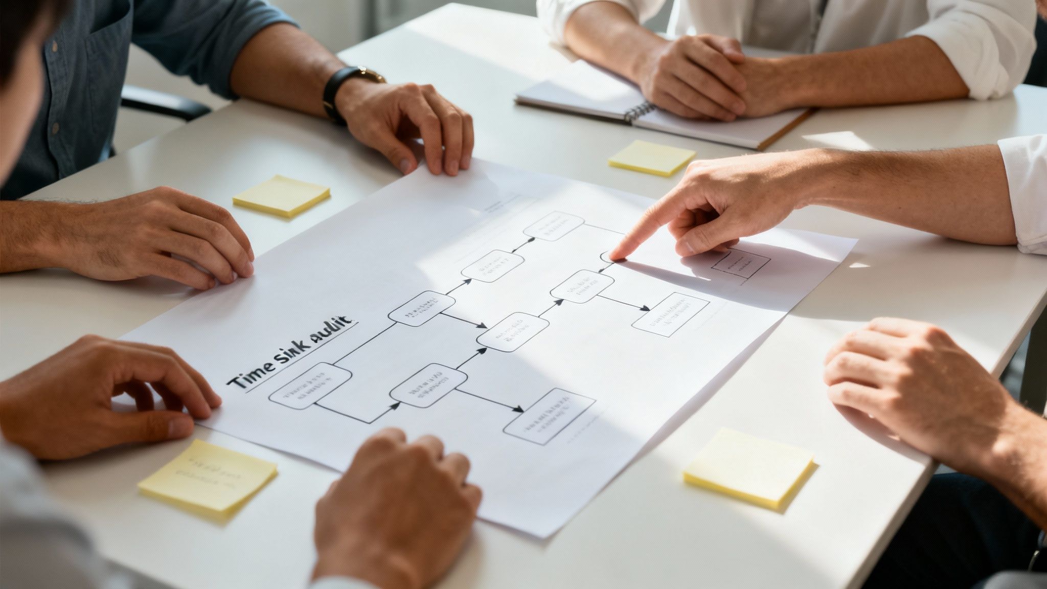 People collaborating on a time sink audit flowchart during a business meeting.