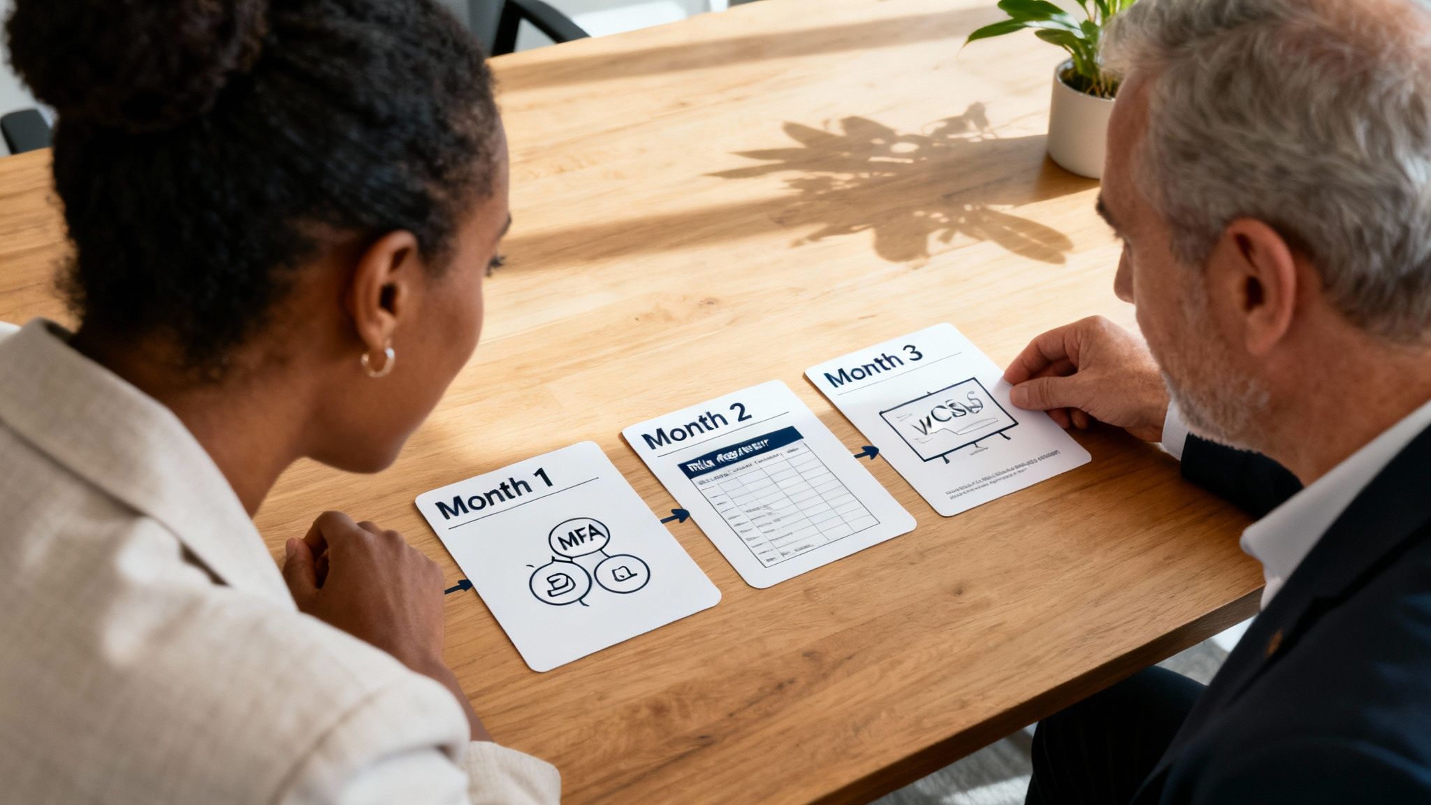 Two business people reviewing a three-month plan with cards on a wooden table, featuring a vCISO concept.