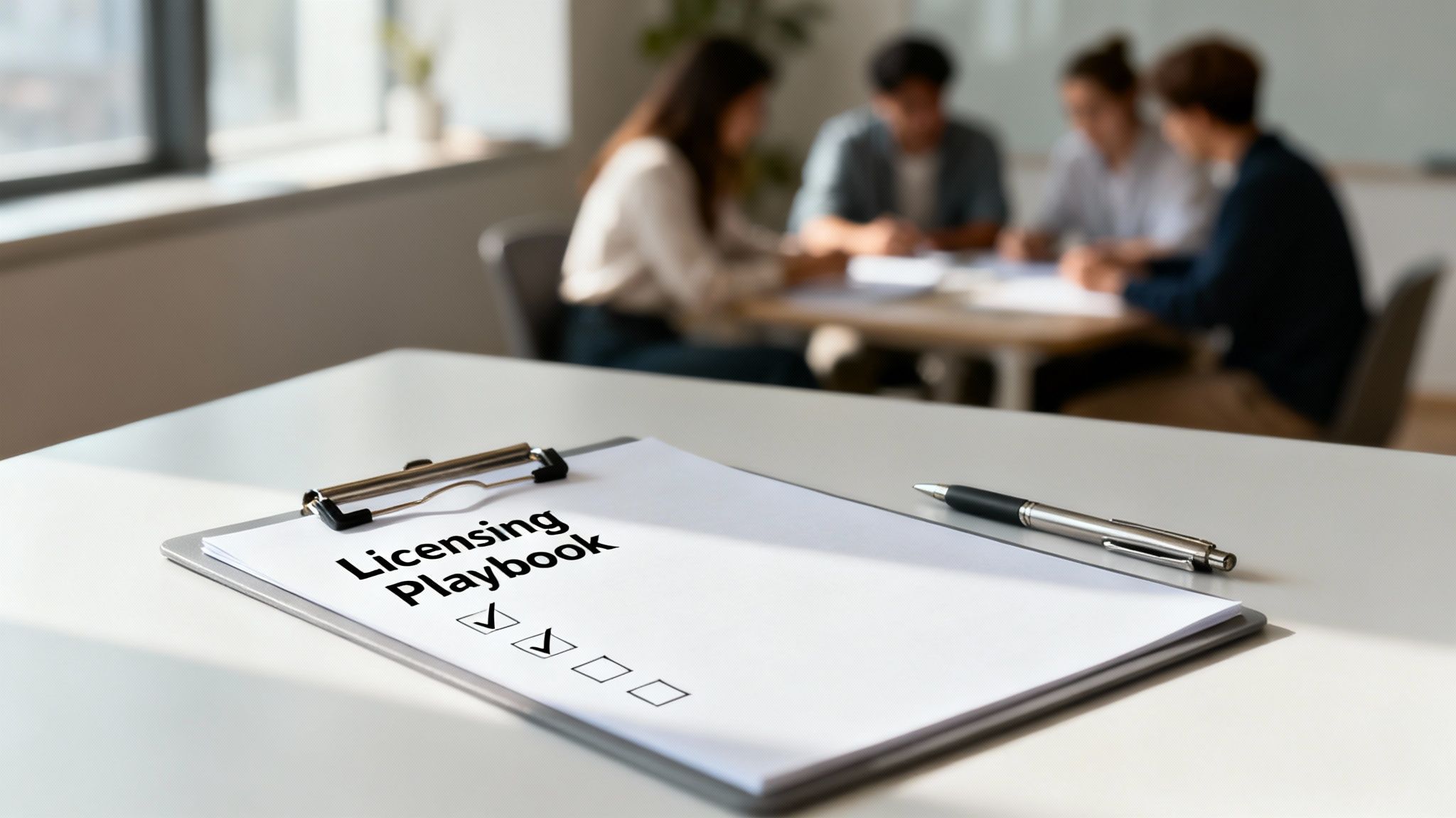 A clipboard with a 'Licensing Playbook' document and a pen on a table during a business meeting.