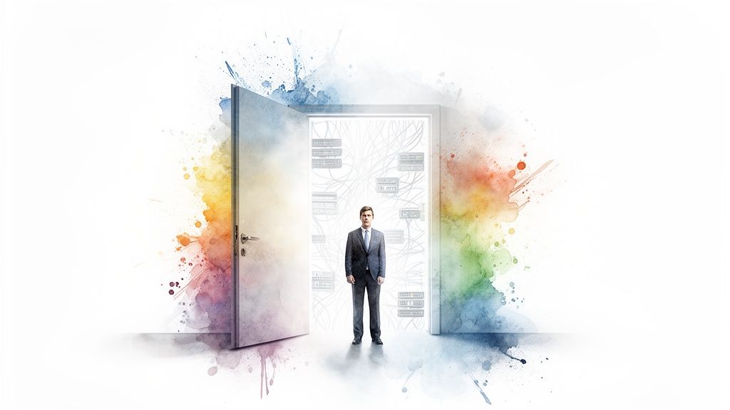 A man in a suit stands in an open doorway surrounded by colorful watercolor splashes, facing data.