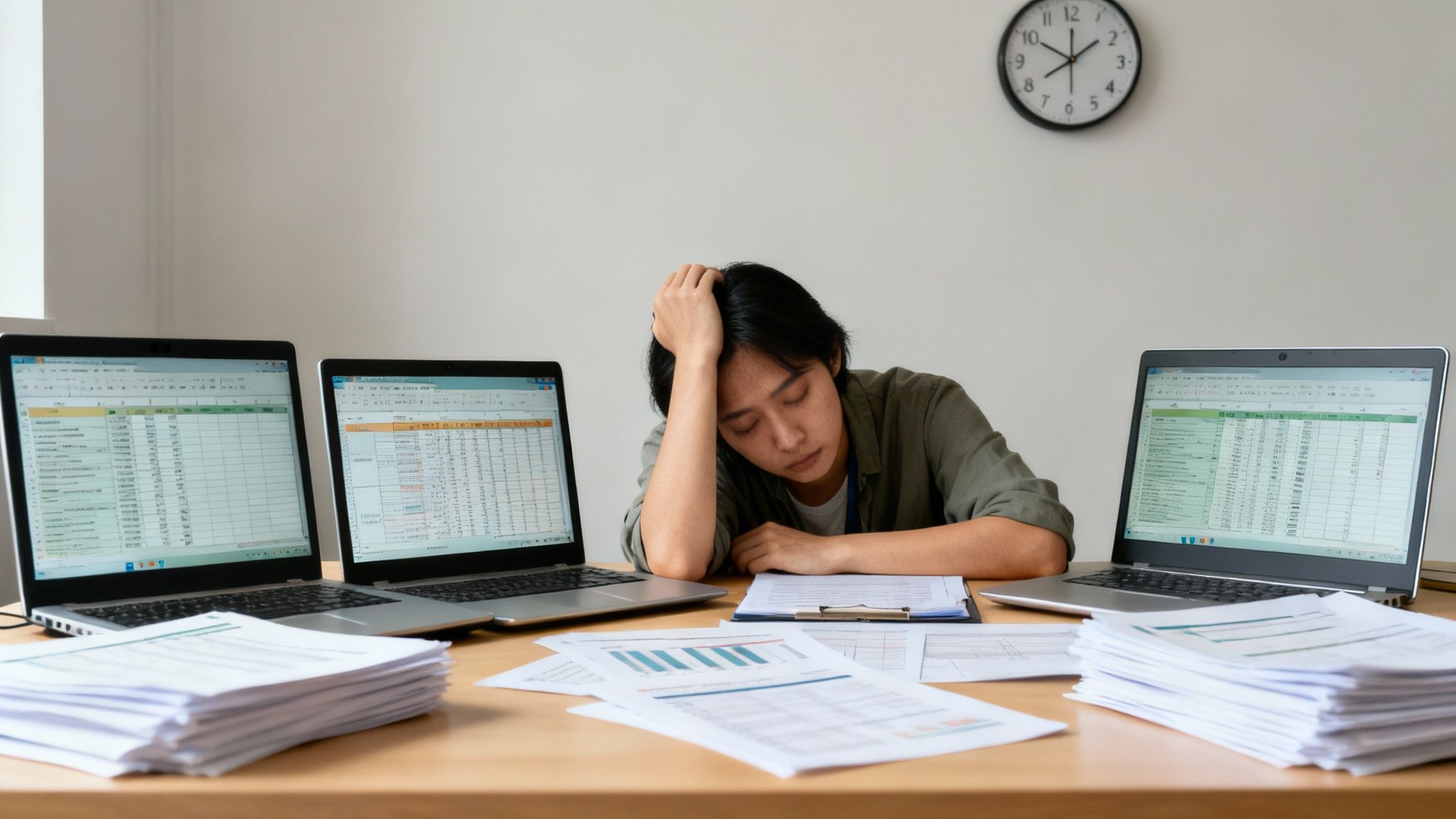 A tired worker (who needs technology vendor selection for justice organizations) rests their head on their hand at a desk with multiple laptops and piles of paperwork.