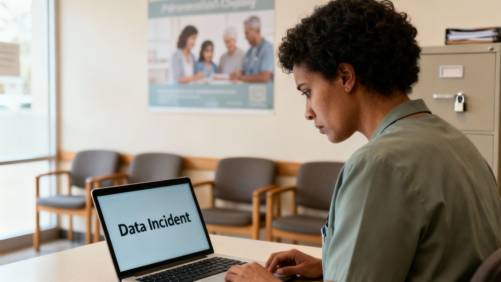 A healthcare professional looks intently at a laptop displaying "Data Incident" in a clinic waiting room.