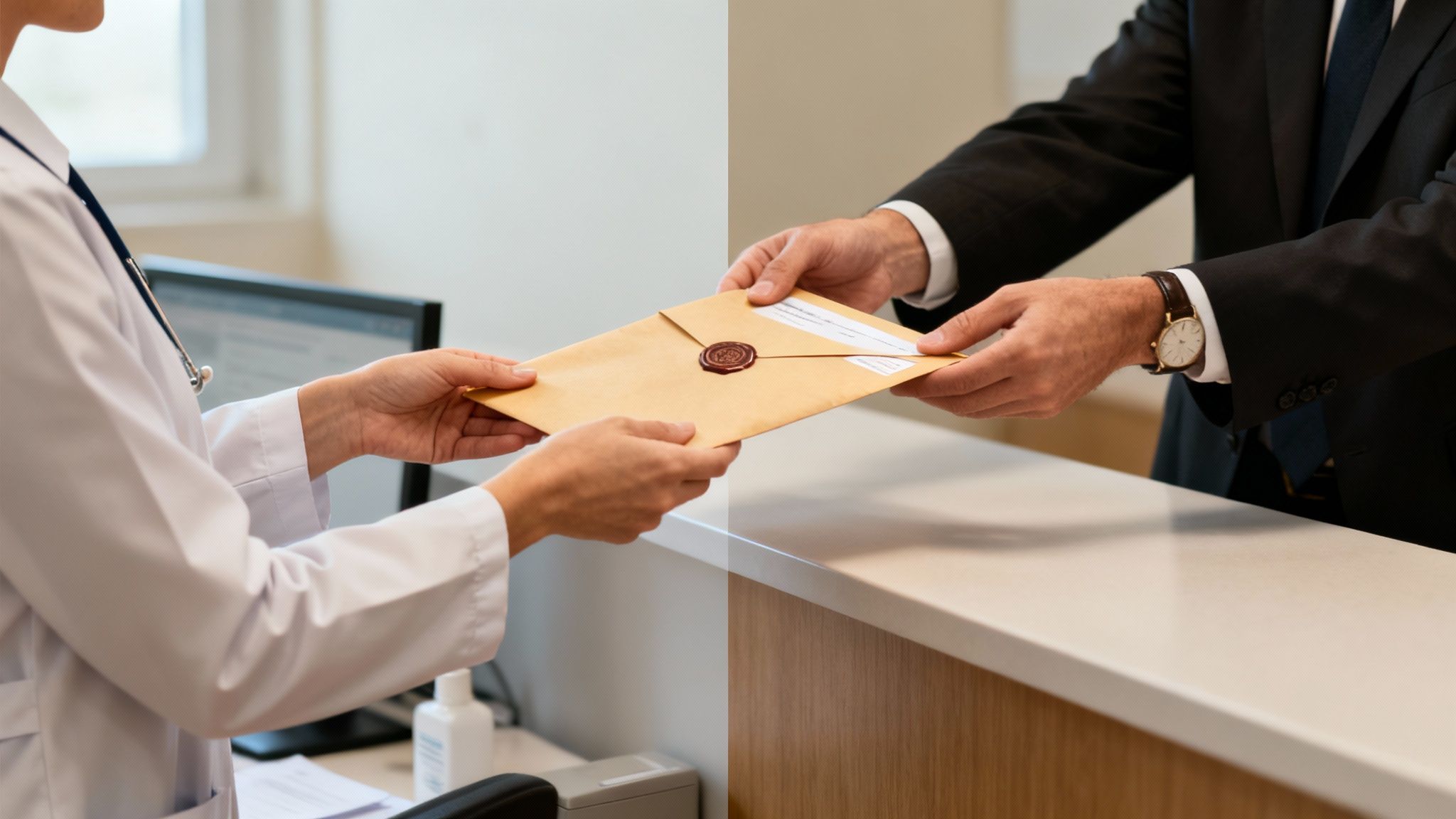 Medical professional in white coat handing a sealed envelope to a businessman in a suit.
