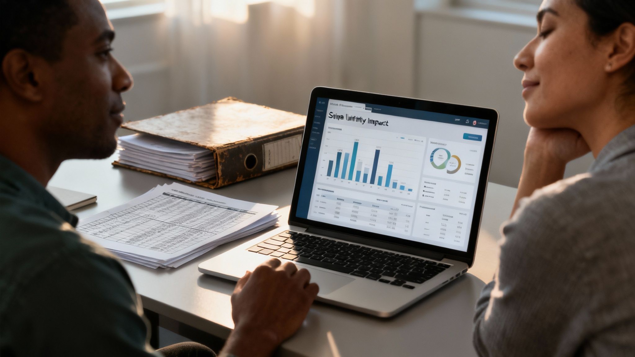 Two professionals analyze data and charts on a laptop screen, with documents on an office desk.