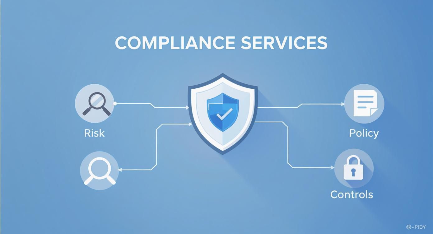 An infographic showing compliance services elements like risk, policy, and controls connected to a central shield.