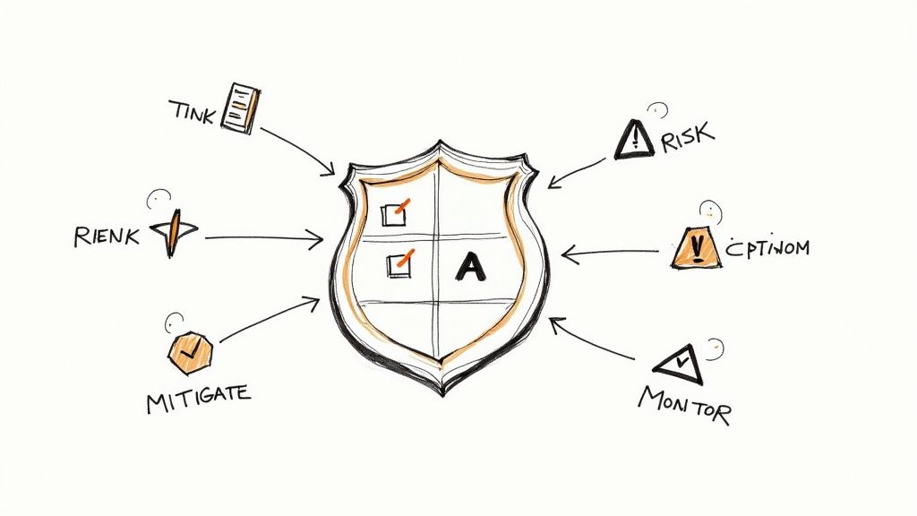Diagram illustrating a shield representing a process, with inputs for risk management: TINK, RIENK, MITIGATE, RISK, CPTINOM, MONITOR.